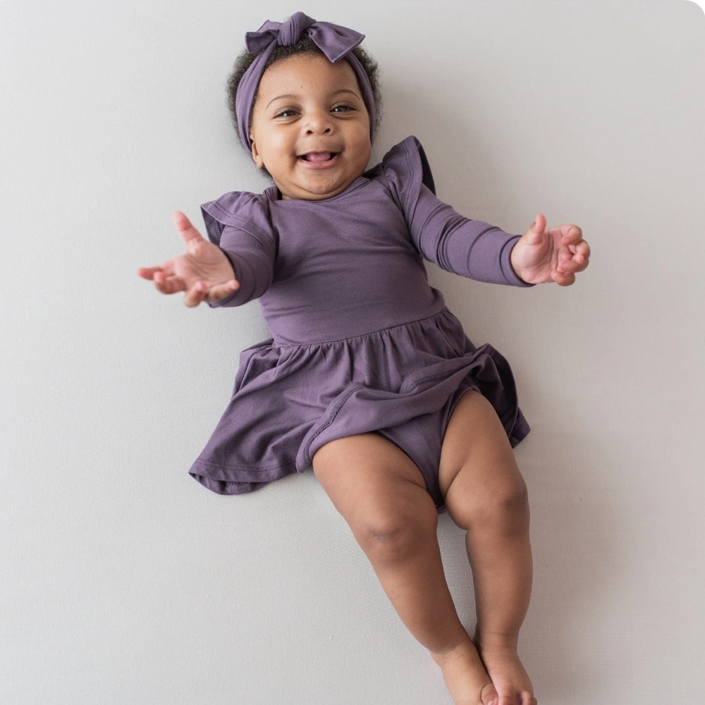 Kyte Baby Long Sleeve Bodysuit Dress & Headband Bow | Currant | 6-12 months